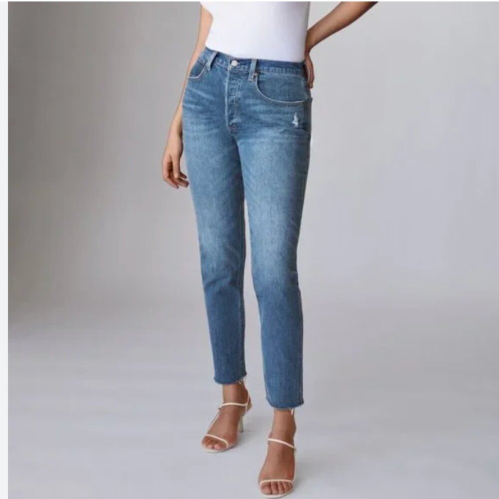 ARITZIA DENIM FORUM MEDIUM WASH THE YOKO HIGH RISE SLIM DISTRESSED RAW HEM JEANS